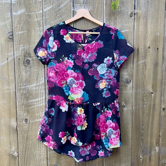Vintage Navy Moody Floral Peplum Babydoll Tunic Top 🌿 - Picture 1 of 9